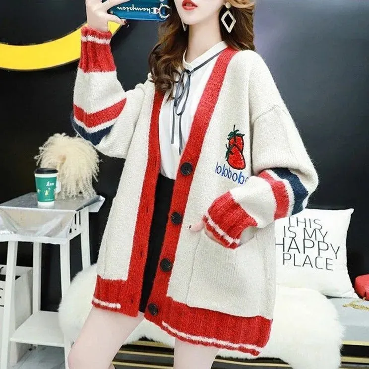 Strawberry Gum Cheerleader Student Uniform Women's Cardigan Korean Style V-neck Knitted Female Casual Kawaii Geek