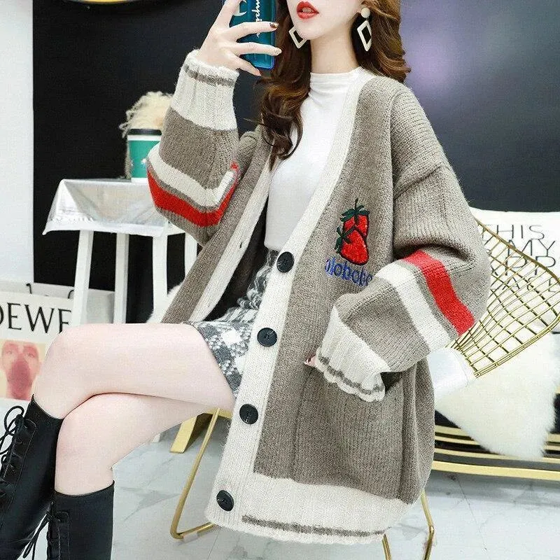 Strawberry Gum Cheerleader Student Uniform Women's Cardigan Korean Style V-neck Knitted Female Casual Kawaii Geek