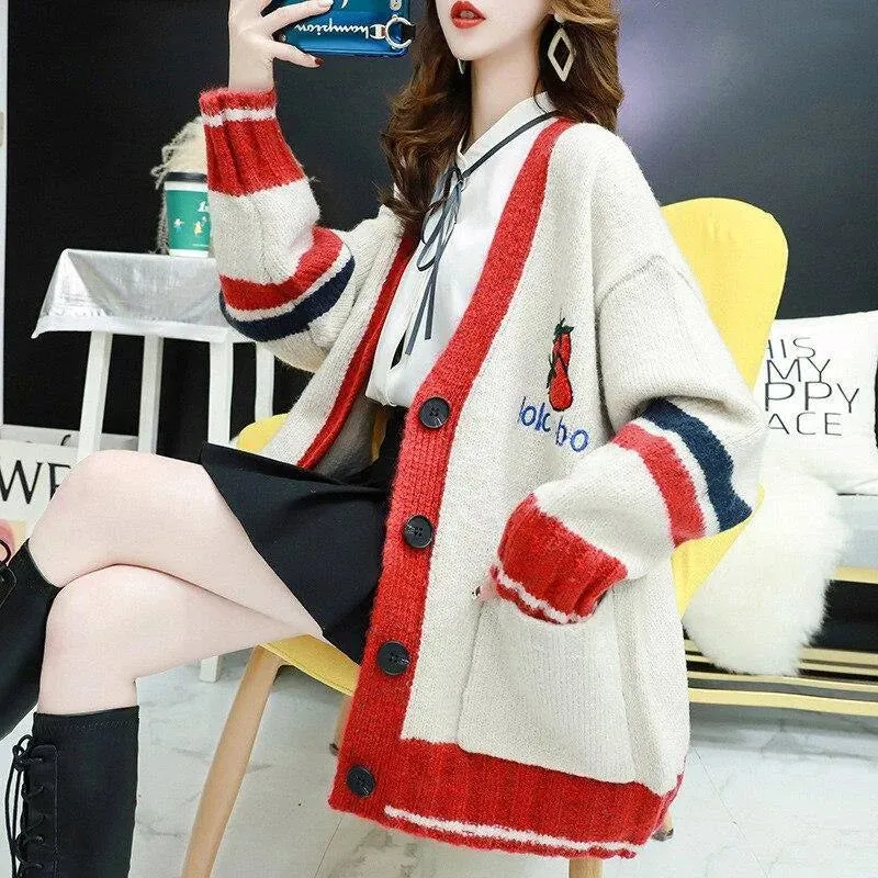 Strawberry Gum Cheerleader Student Uniform Women's Cardigan Korean Style V-neck Knitted Female Casual Kawaii Geek