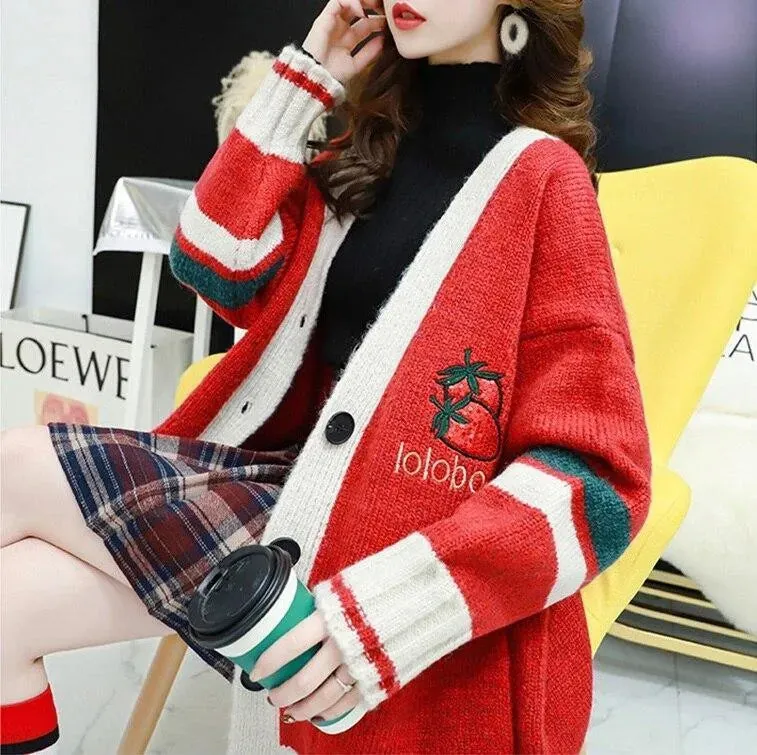 Strawberry Gum Cheerleader Student Uniform Women's Cardigan Korean Style V-neck Knitted Female Casual Kawaii Geek