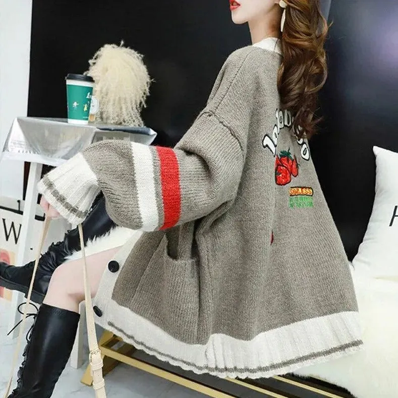 Strawberry Gum Cheerleader Student Uniform Women's Cardigan Korean Style V-neck Knitted Female Casual Kawaii Geek