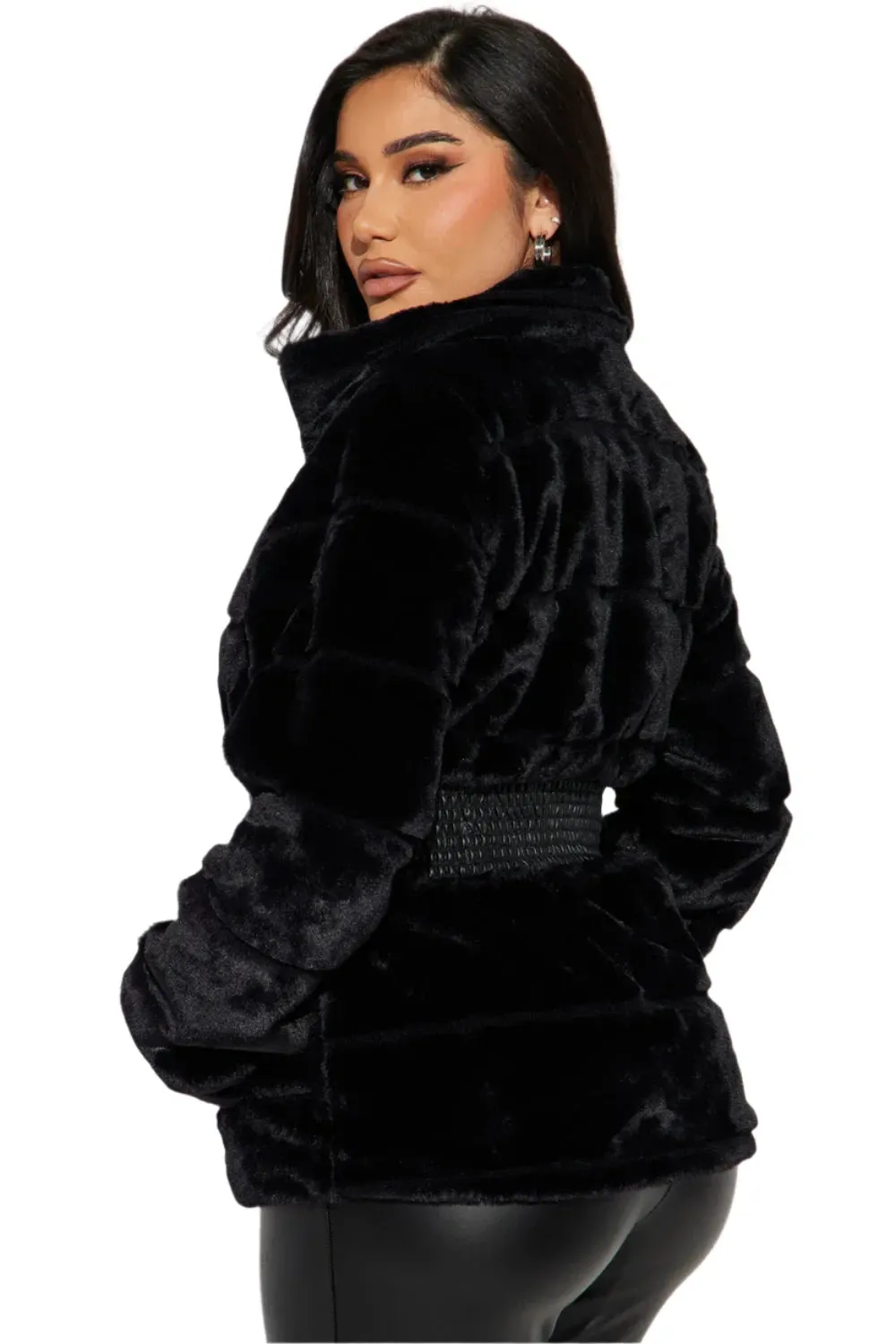 Stylish Faux Fur Jacket W/ Leather Waistline