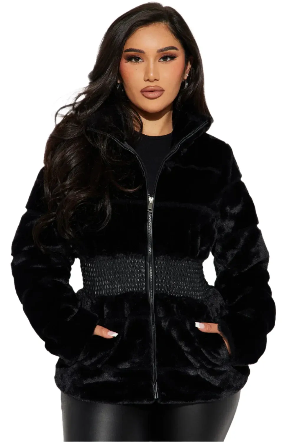 Stylish Faux Fur Jacket W/ Leather Waistline