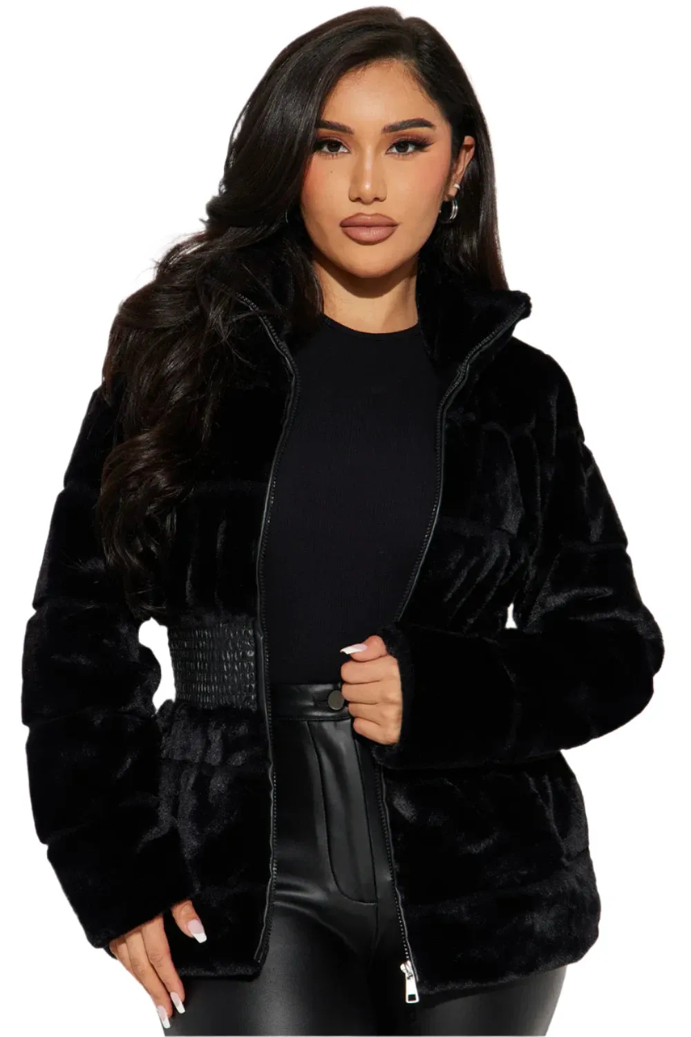 Stylish Faux Fur Jacket W/ Leather Waistline