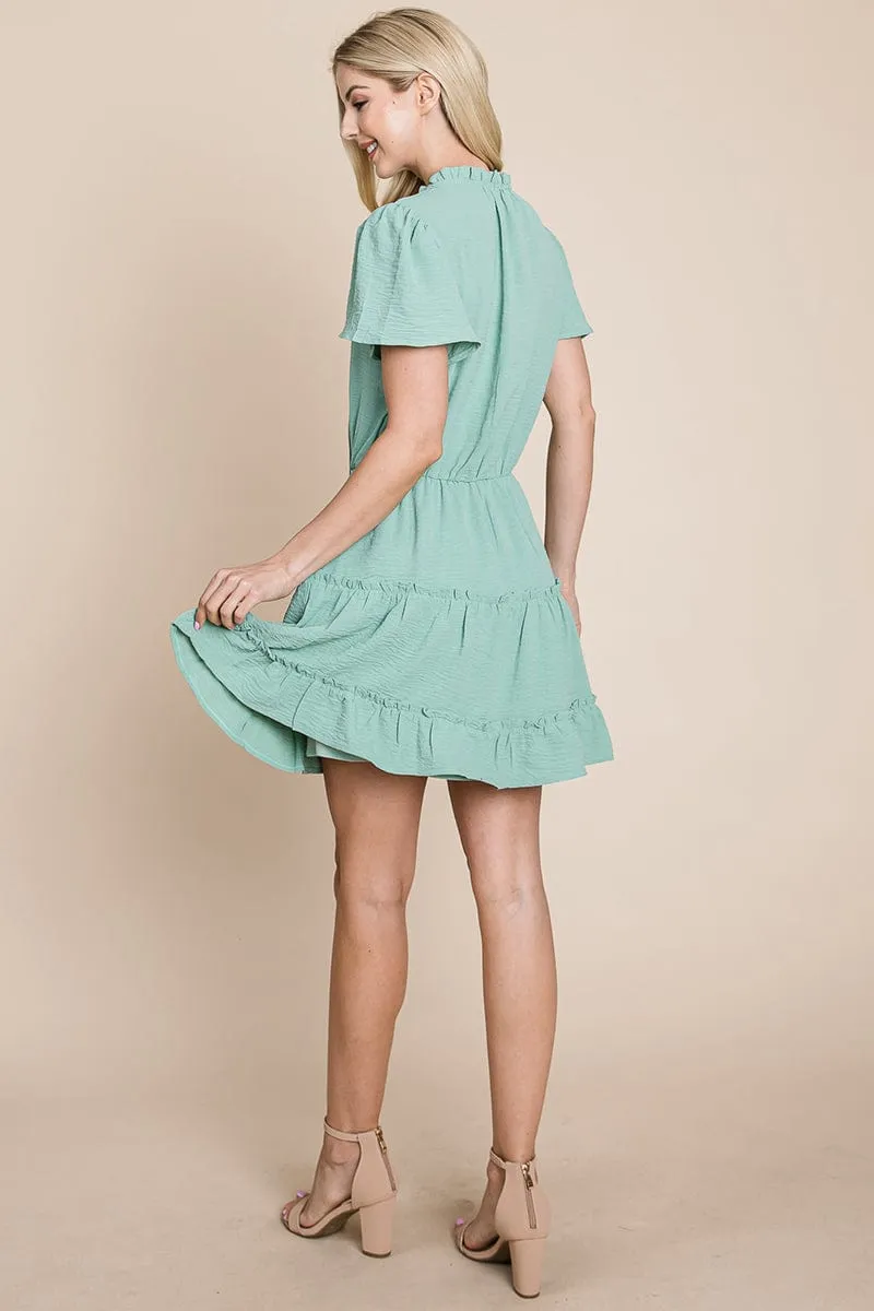 Tiered tie V neck Flutter Sleeve Flowy Tunic Dress