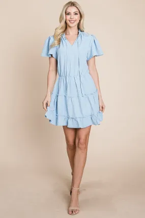 Tiered tie V neck Flutter Sleeve Flowy Tunic Dress