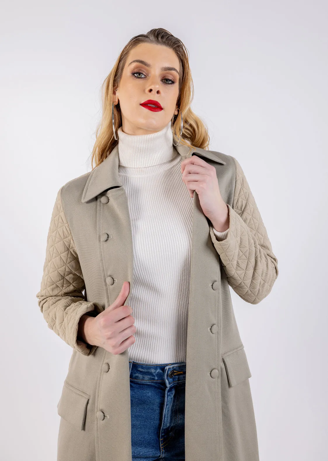 Two-Tone Quilted Sleeve Long Coat