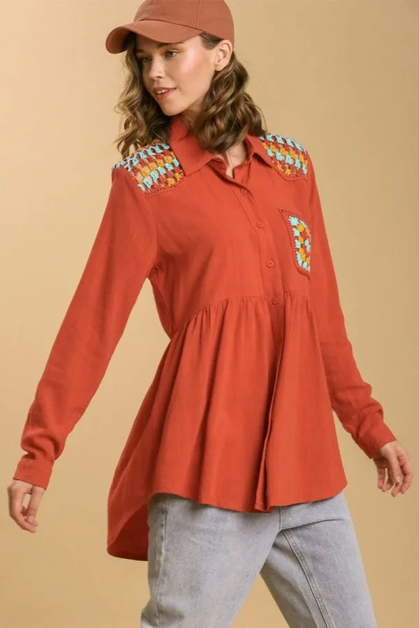 Umgee Long Sleeve Tunic Dress with Crochet Details in Sunset