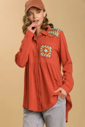 Umgee Long Sleeve Tunic Dress with Crochet Details in Sunset