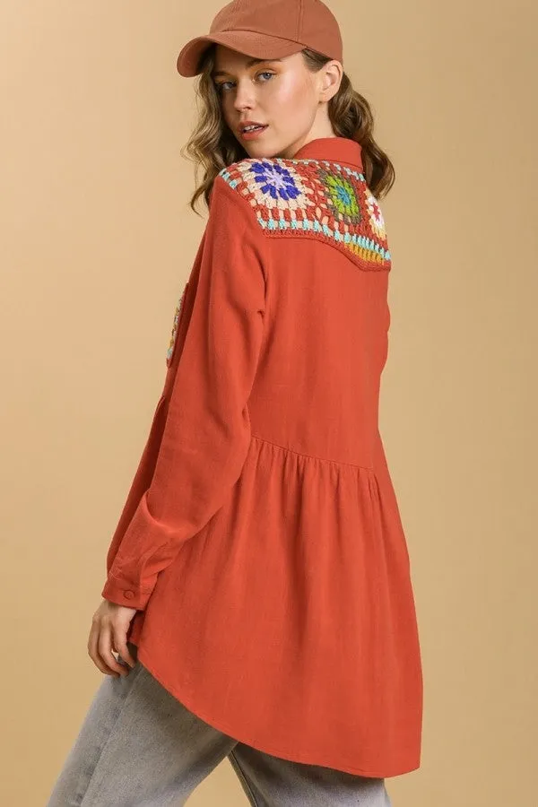 Umgee Long Sleeve Tunic Dress with Crochet Details in Sunset