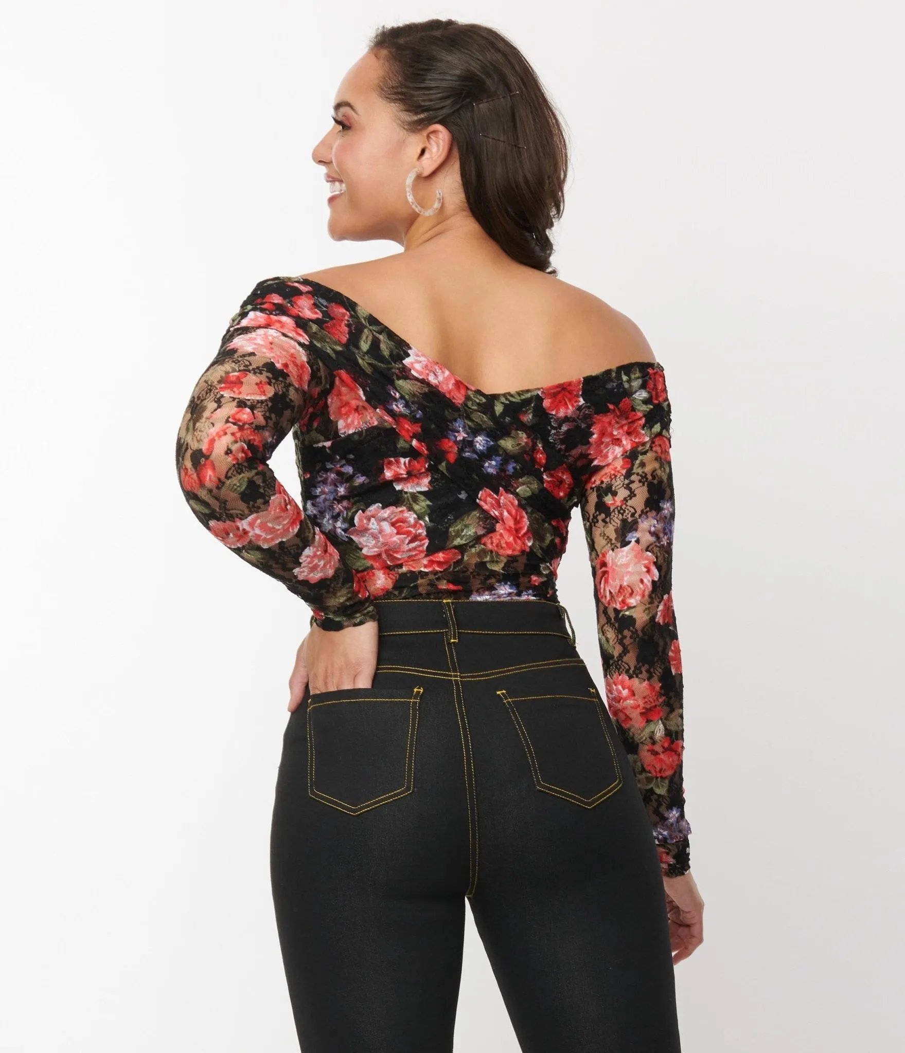 Unique Vintage 1940s Black Floral Lace Saturday Night Bodysuit