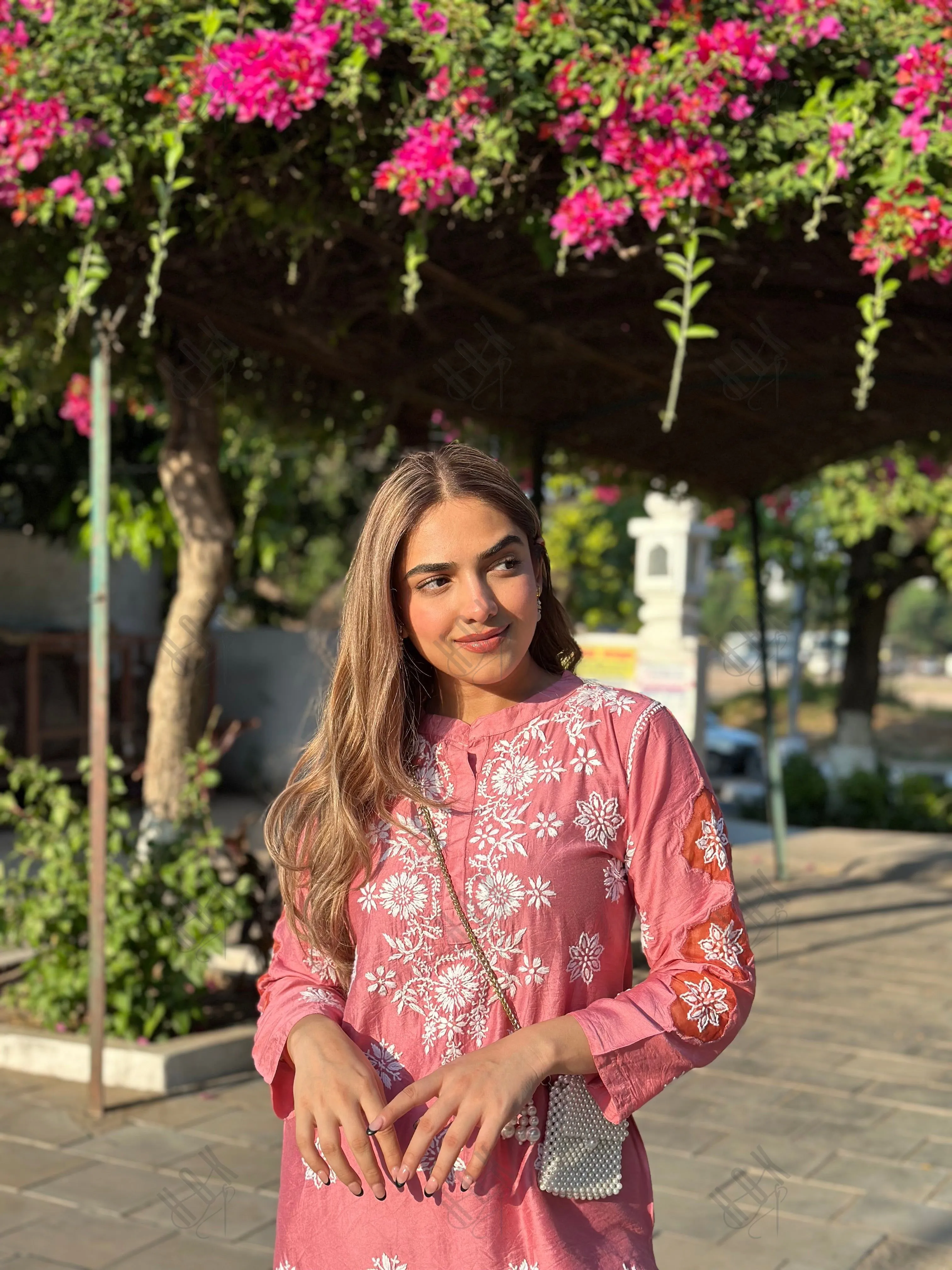 Urjaa in Fizaa Pink Chikankari Chanderi Silk Kurta