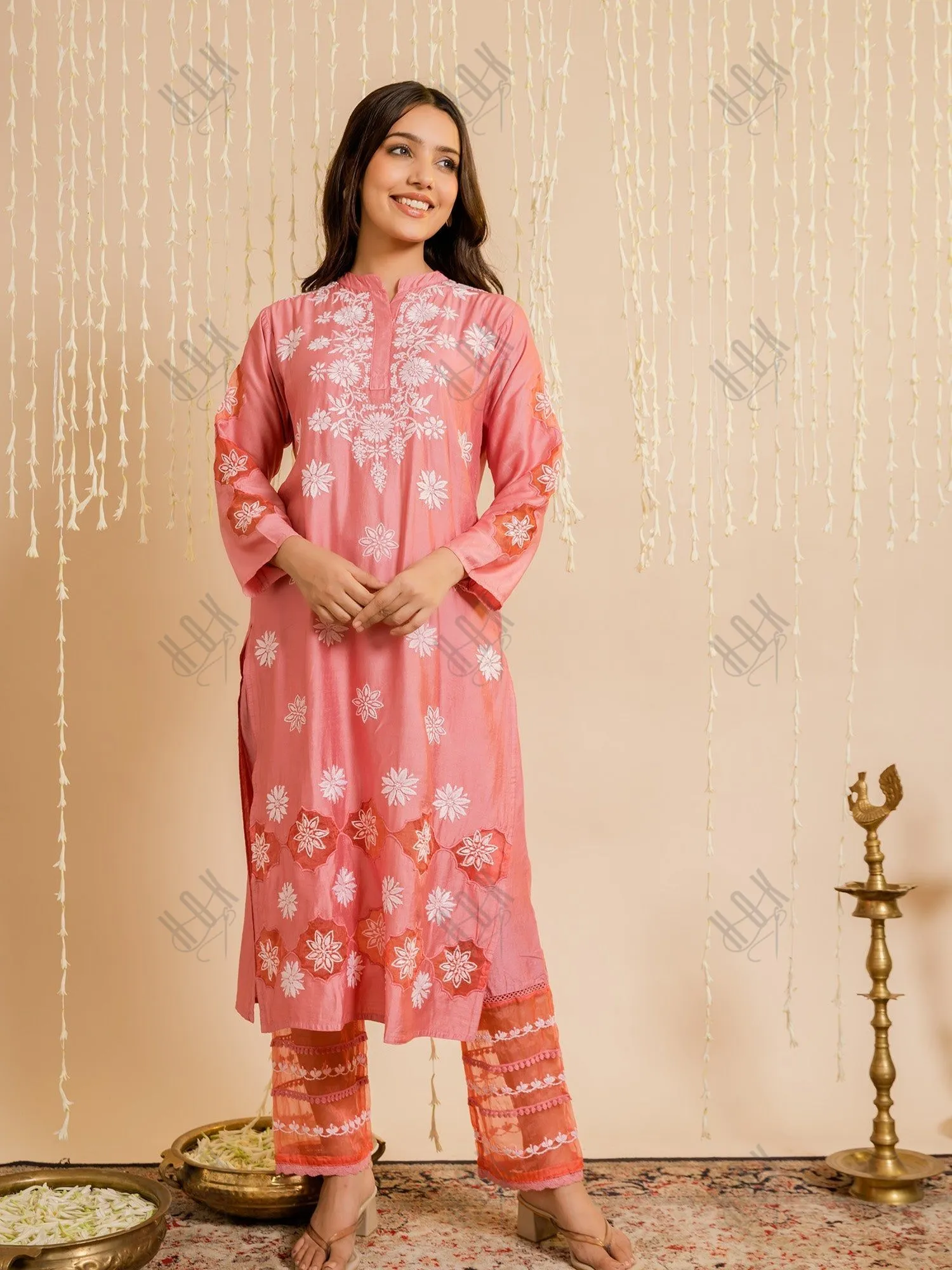 Urjaa in Fizaa Pink Chikankari Chanderi Silk Kurta