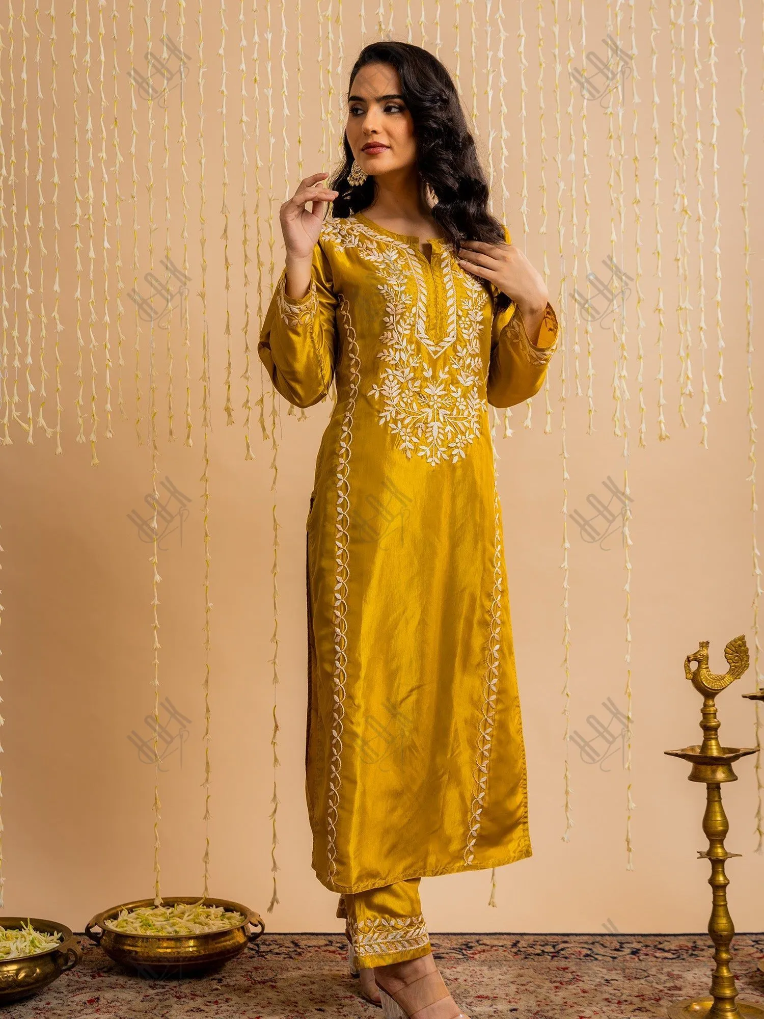 Urmi in Silk Chikankari Kurta Set for Women - Mustard Yellow