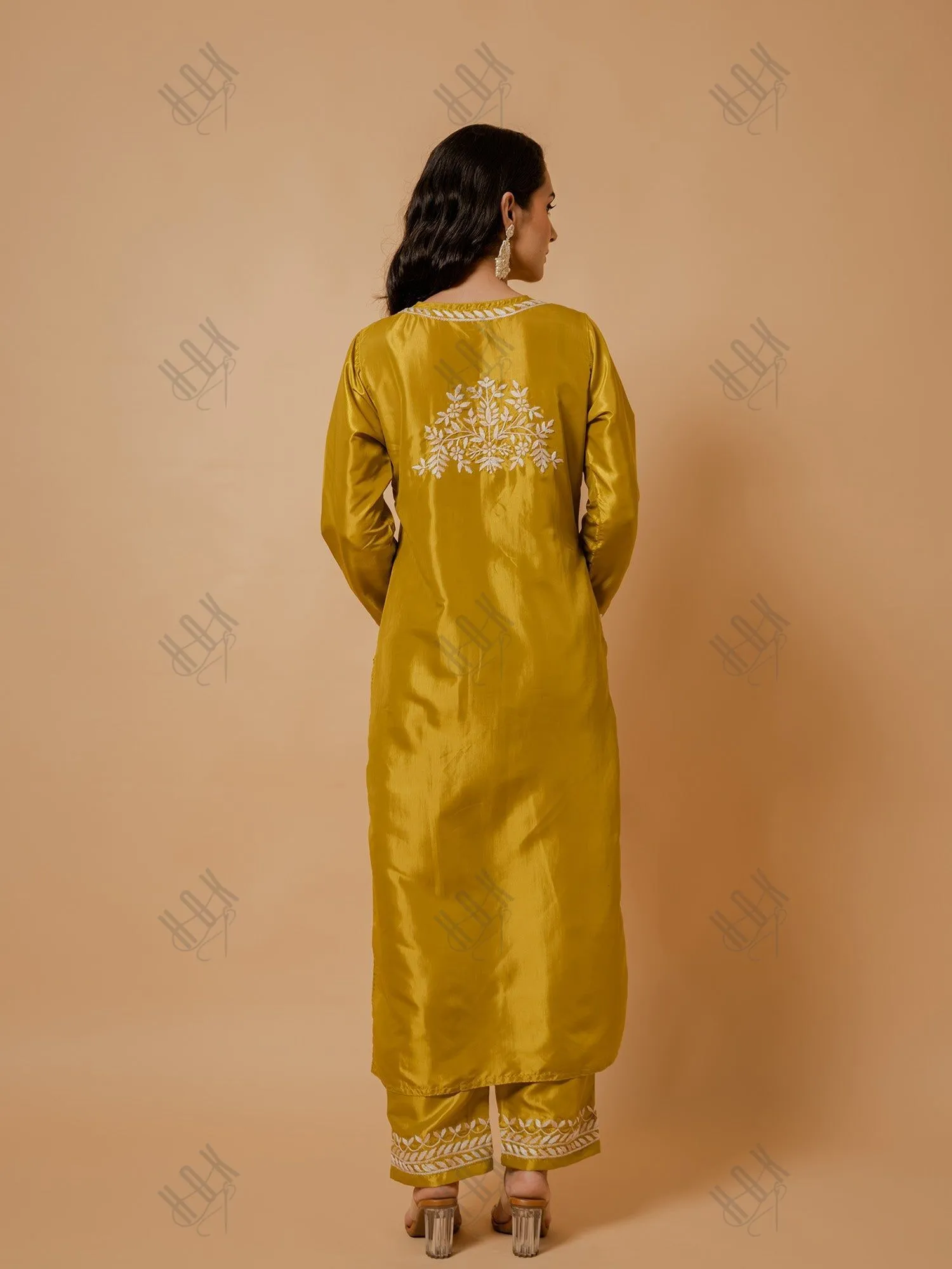 Urmi in Silk Chikankari Kurta Set for Women - Mustard Yellow