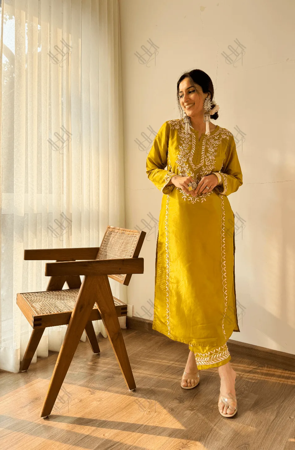 Urmi in Silk Chikankari Kurta Set for Women - Mustard Yellow