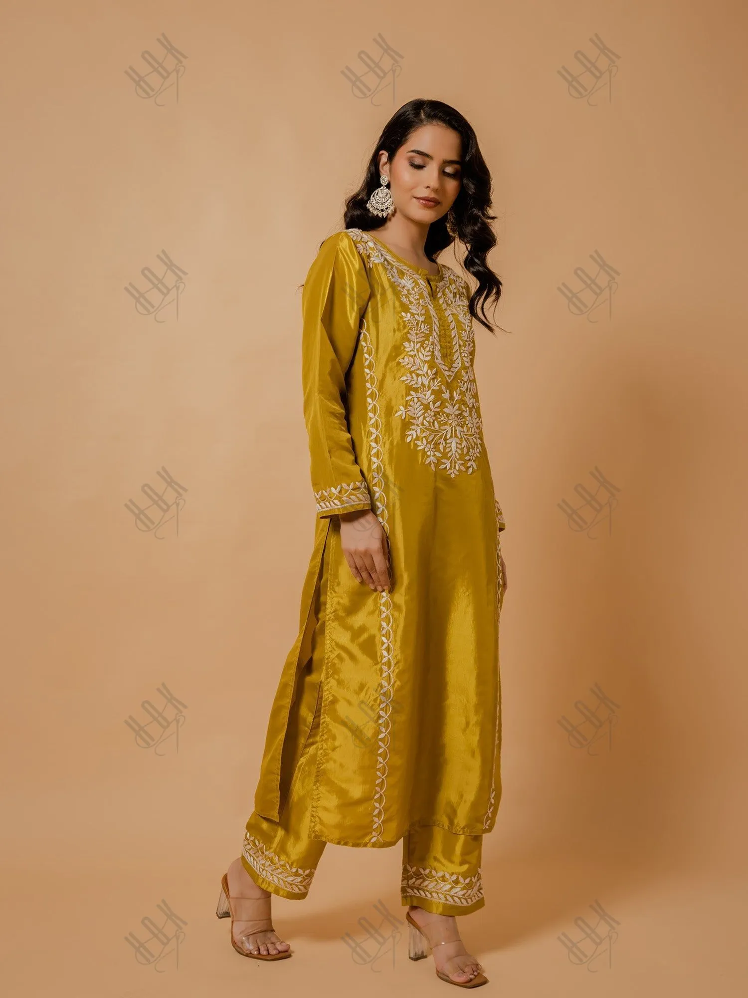 Urmi in Silk Chikankari Kurta Set for Women - Mustard Yellow