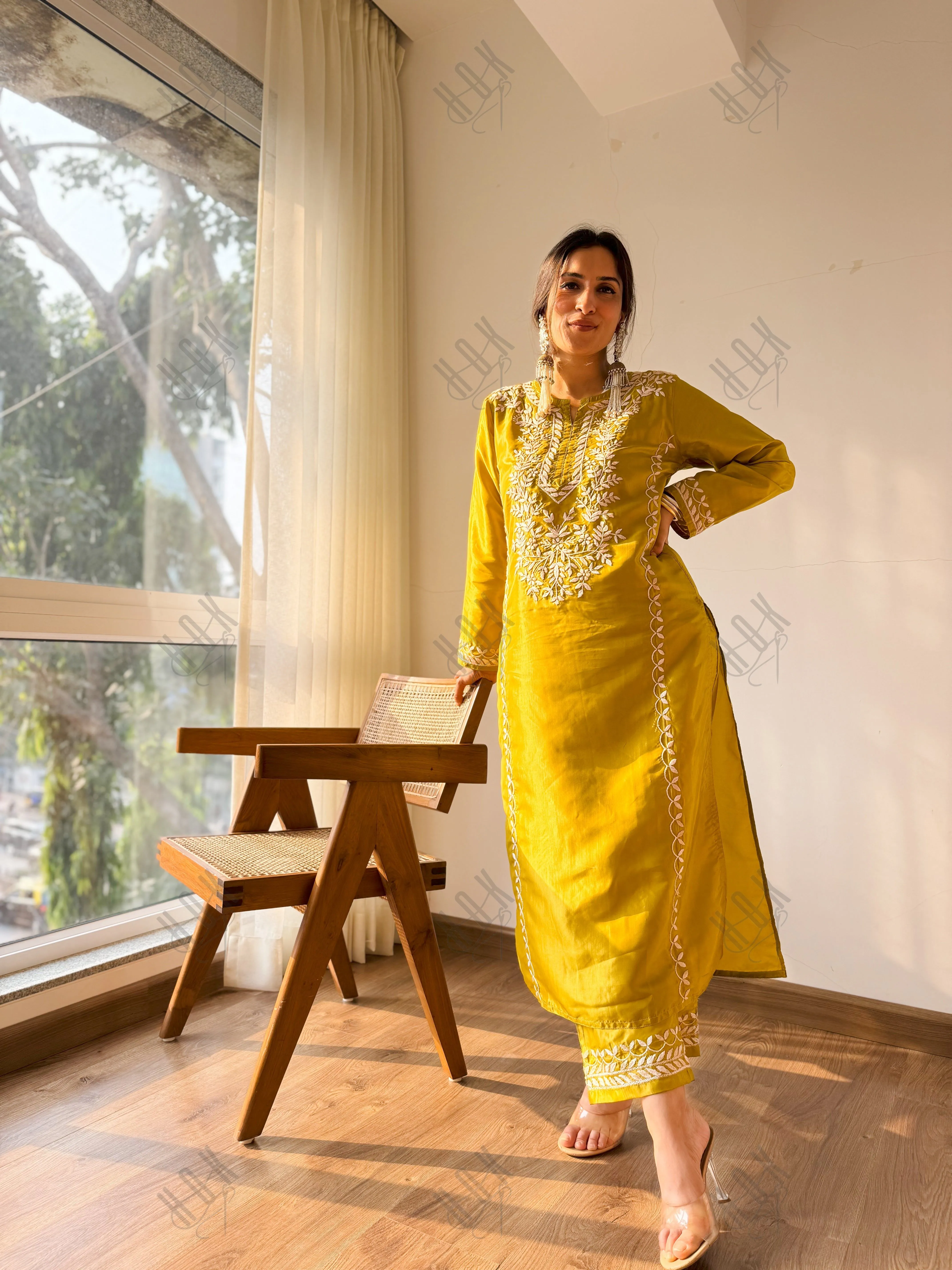 Urmi in Silk Chikankari Kurta Set for Women - Mustard Yellow