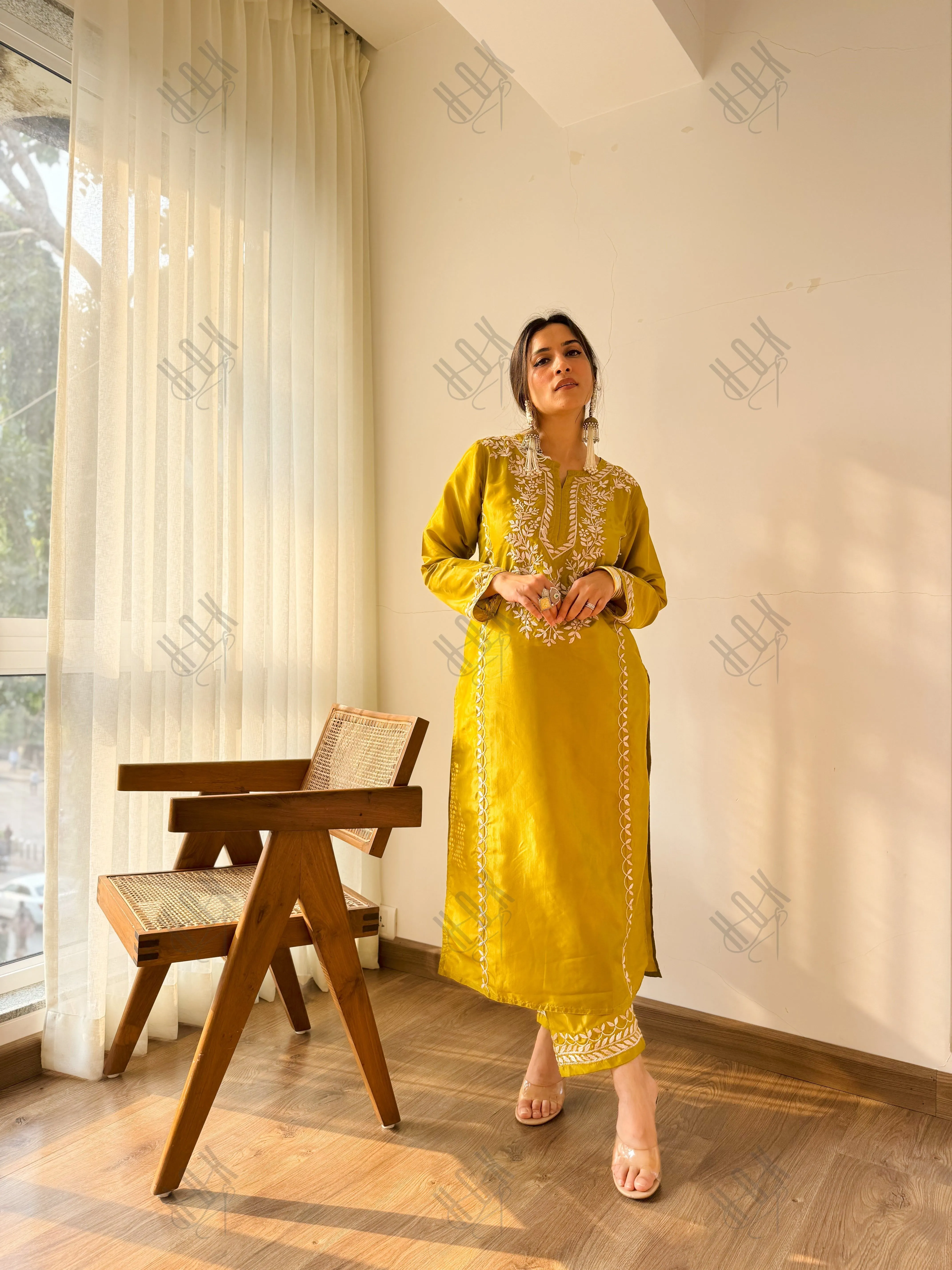 Urmi in Silk Chikankari Kurta Set for Women - Mustard Yellow