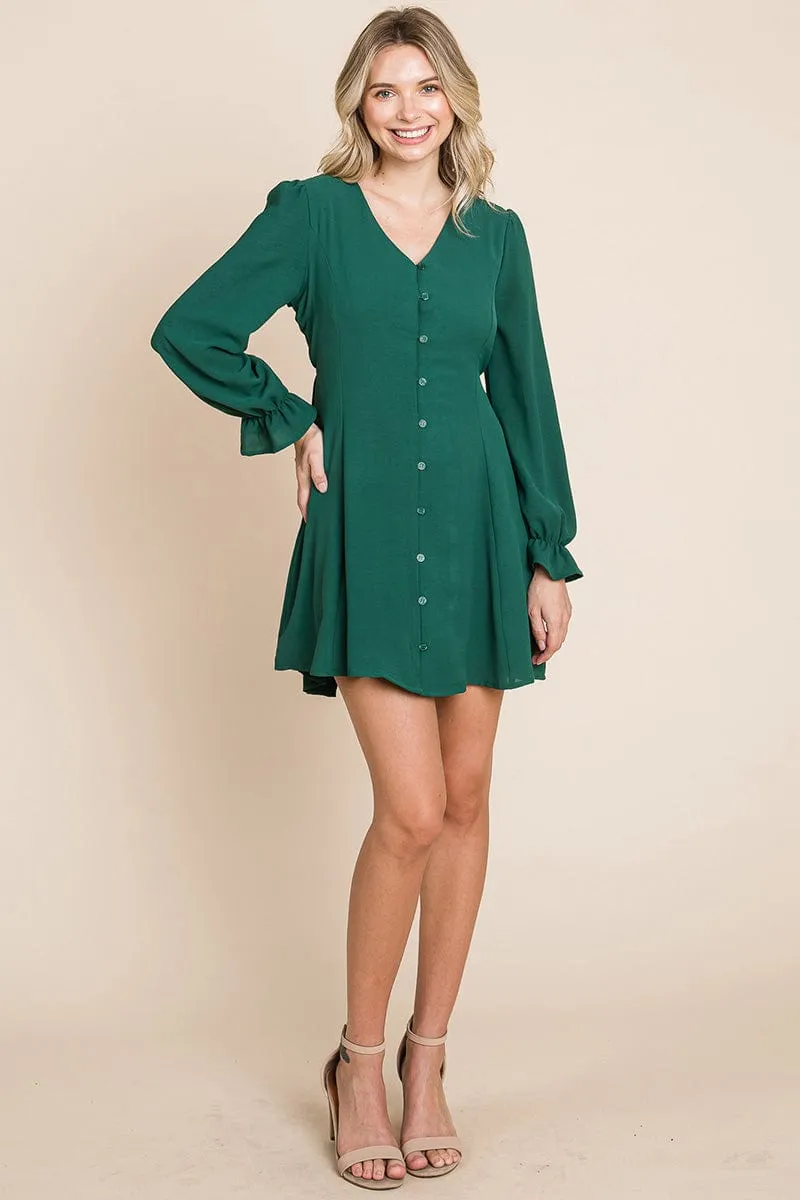 V neck Button Down Long Sleeve Dress