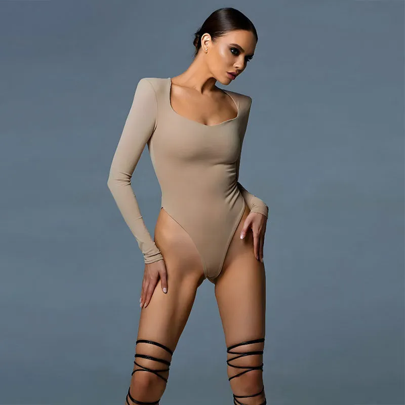 V Neck Long Sleeve Bodysuit Padded Shoulders