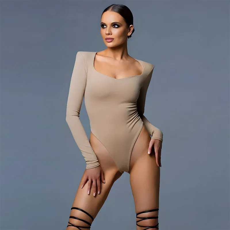 V Neck Long Sleeve Bodysuit Padded Shoulders