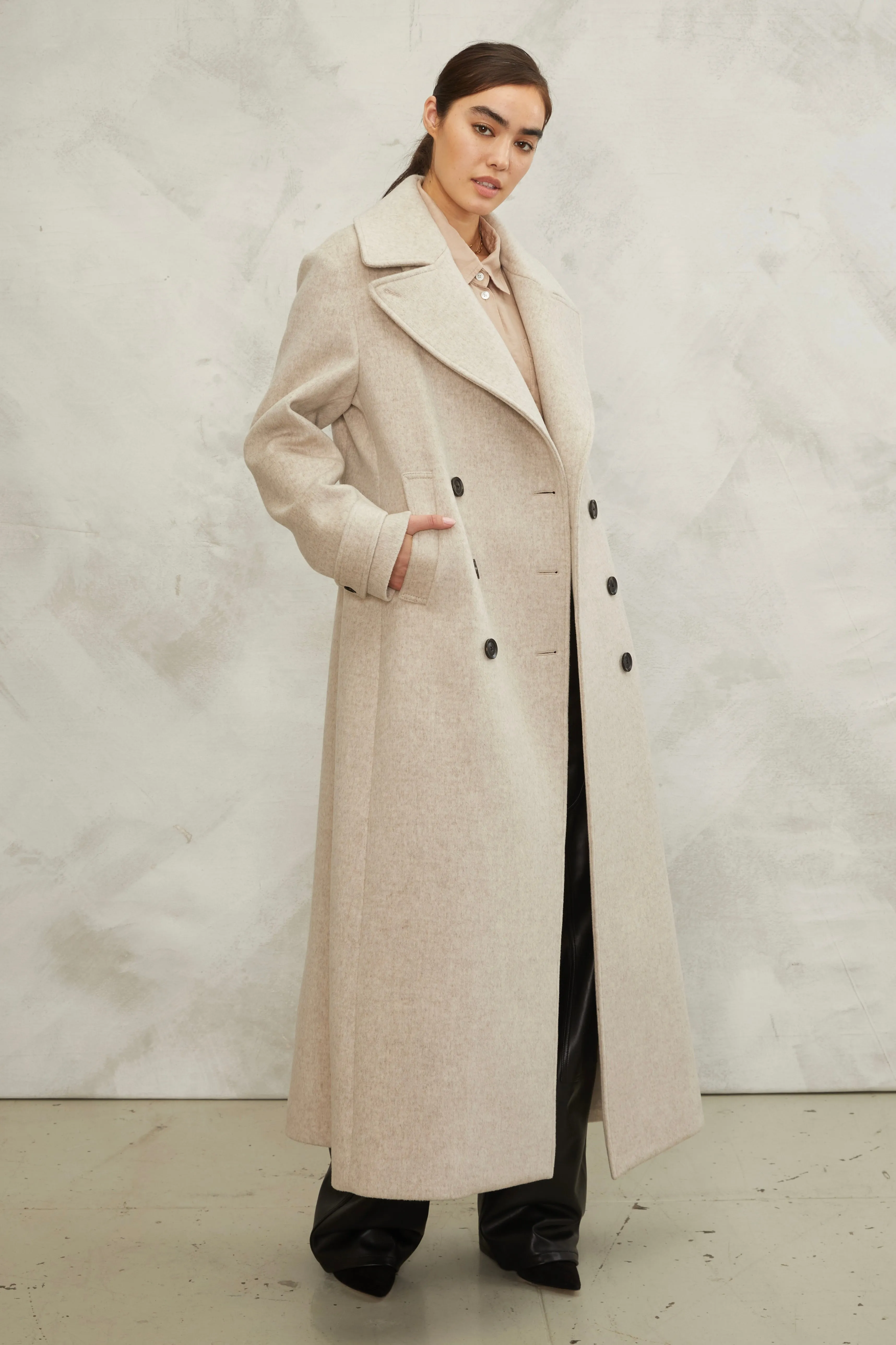 Vera Double Breasted Full Length Wool Peacoat in Chai