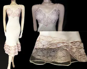 *VINTAGE ‘40s / ‘50s SEAMPRUFE IVORY EGGSHELL SATIN FLARED NET & WIDE LACE SLIP