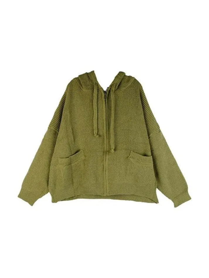 Wenkouban-Spring Casual Outfits Y2K Outfits Oversize Zip Up Hooded Knit Cardigan