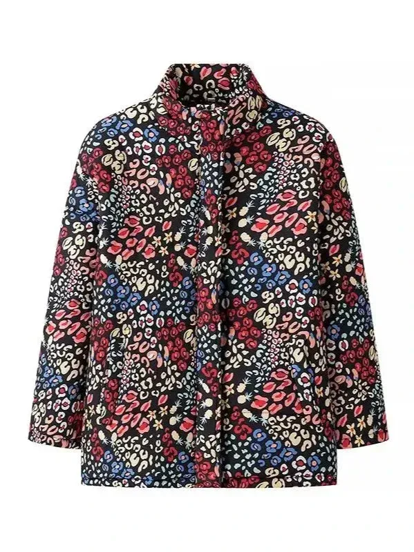 Wenkouban-Winter outfits Christmas Stand Collar Colorful Flower Print Warm Zipper Quilted Jacket