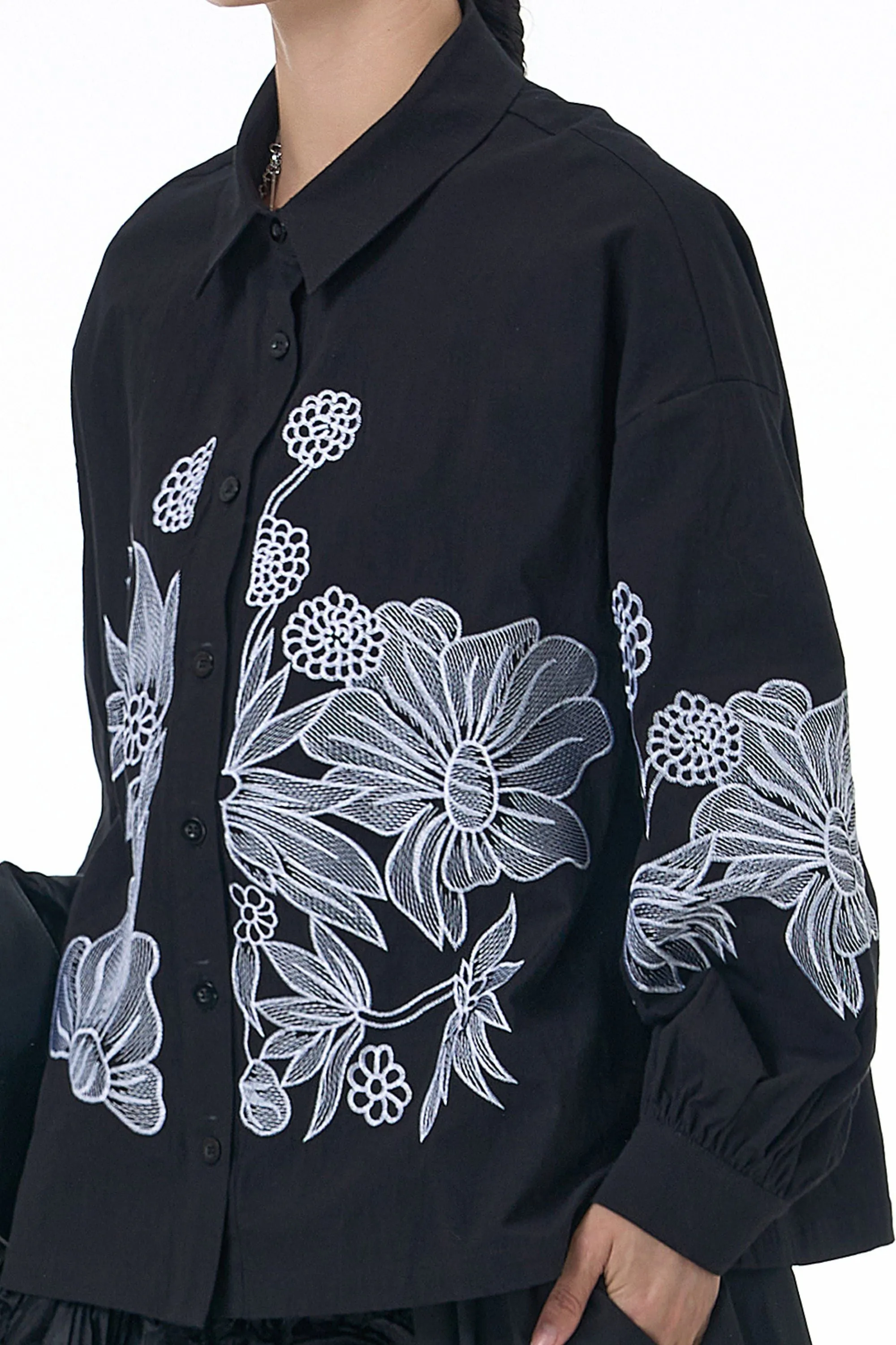 White Floral Black Full Sleeve Shirt