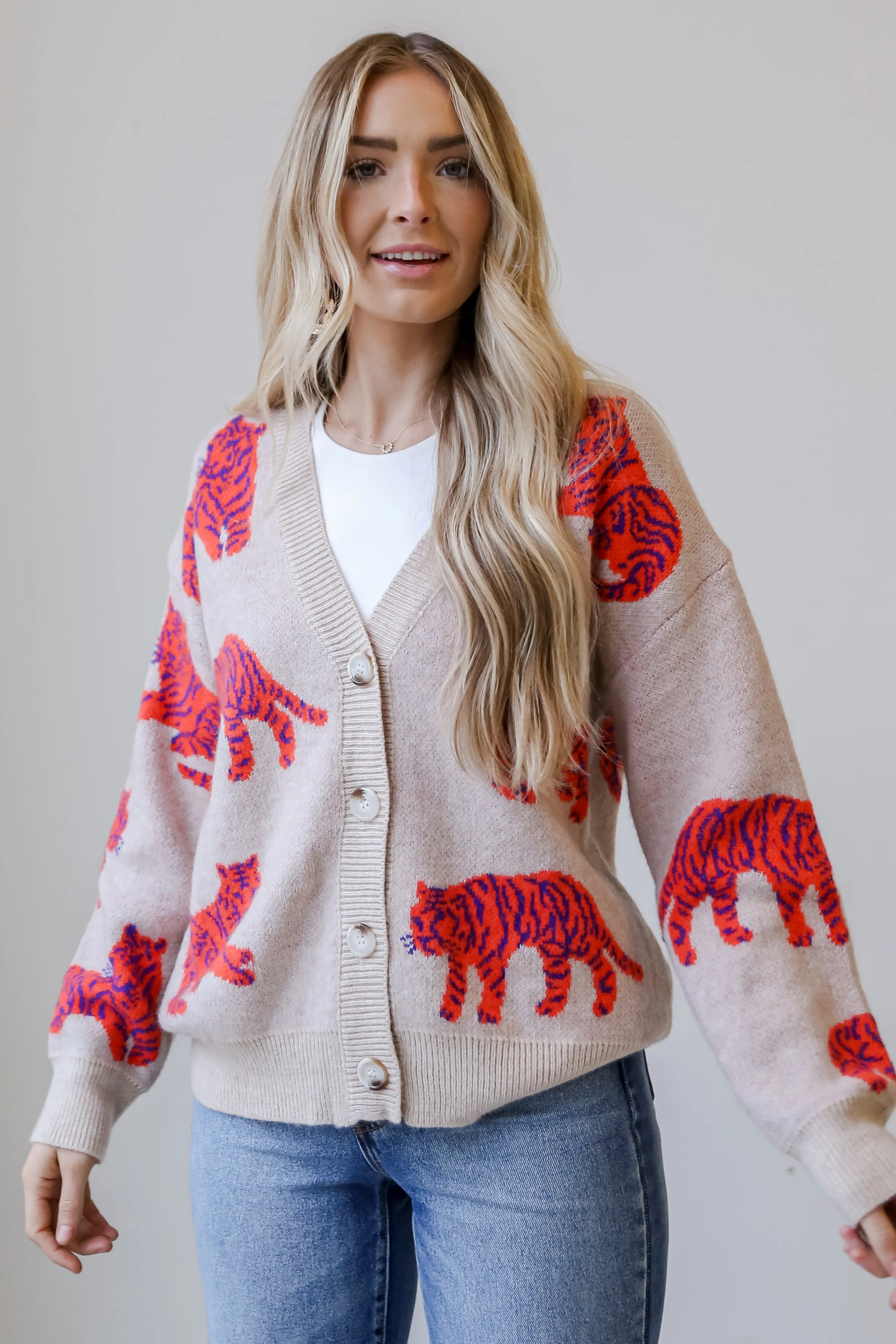 Wildly Styled Oatmeal Tiger Oversized Sweater Cardigan