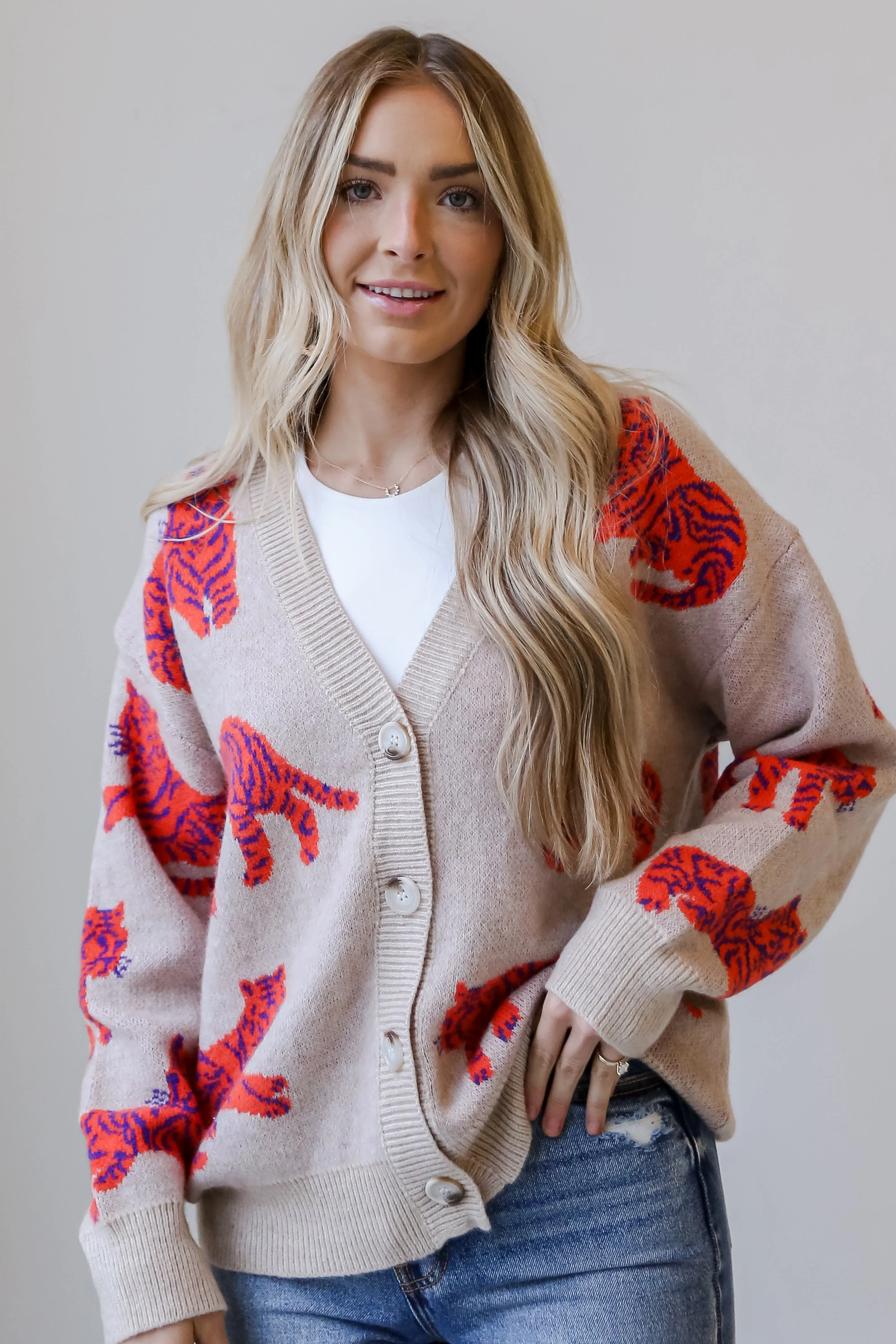 Wildly Styled Oatmeal Tiger Oversized Sweater Cardigan