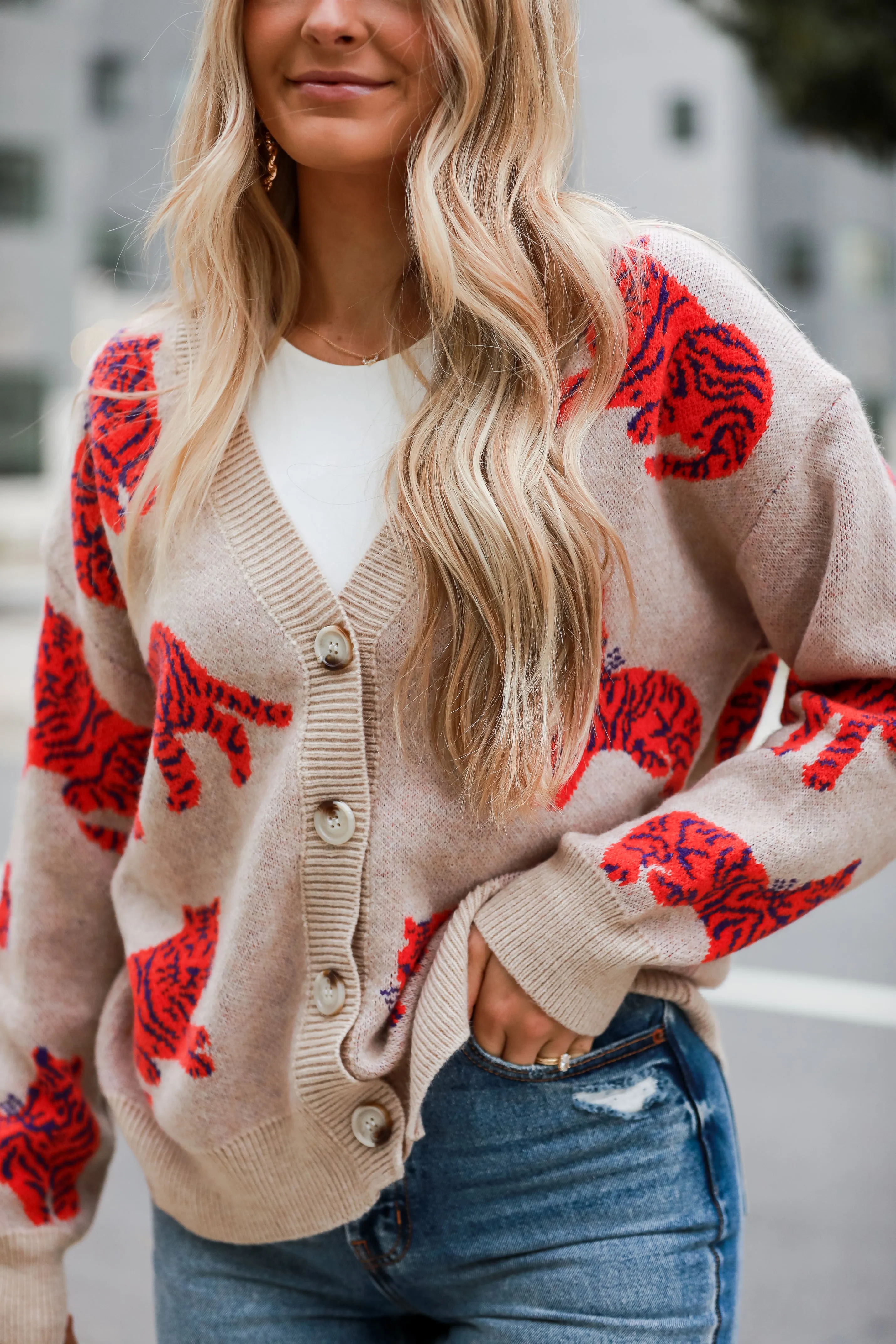 Wildly Styled Oatmeal Tiger Oversized Sweater Cardigan