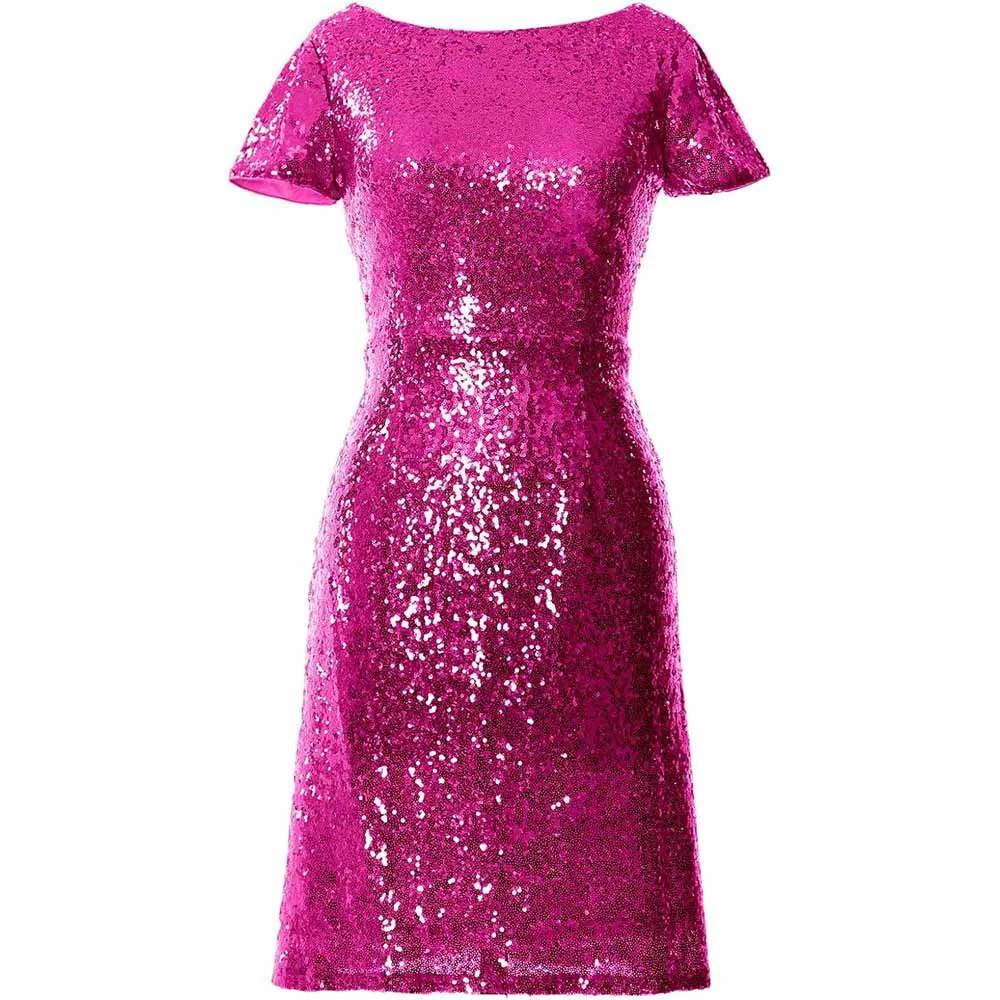 Women Cap Sleeve Sequin Cocktail Dress Boat Neck Short Bridesmad Dress