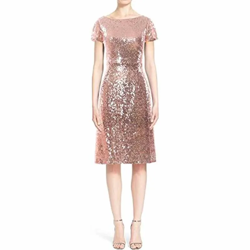 Women Cap Sleeve Sequin Cocktail Dress Boat Neck Short Bridesmad Dress