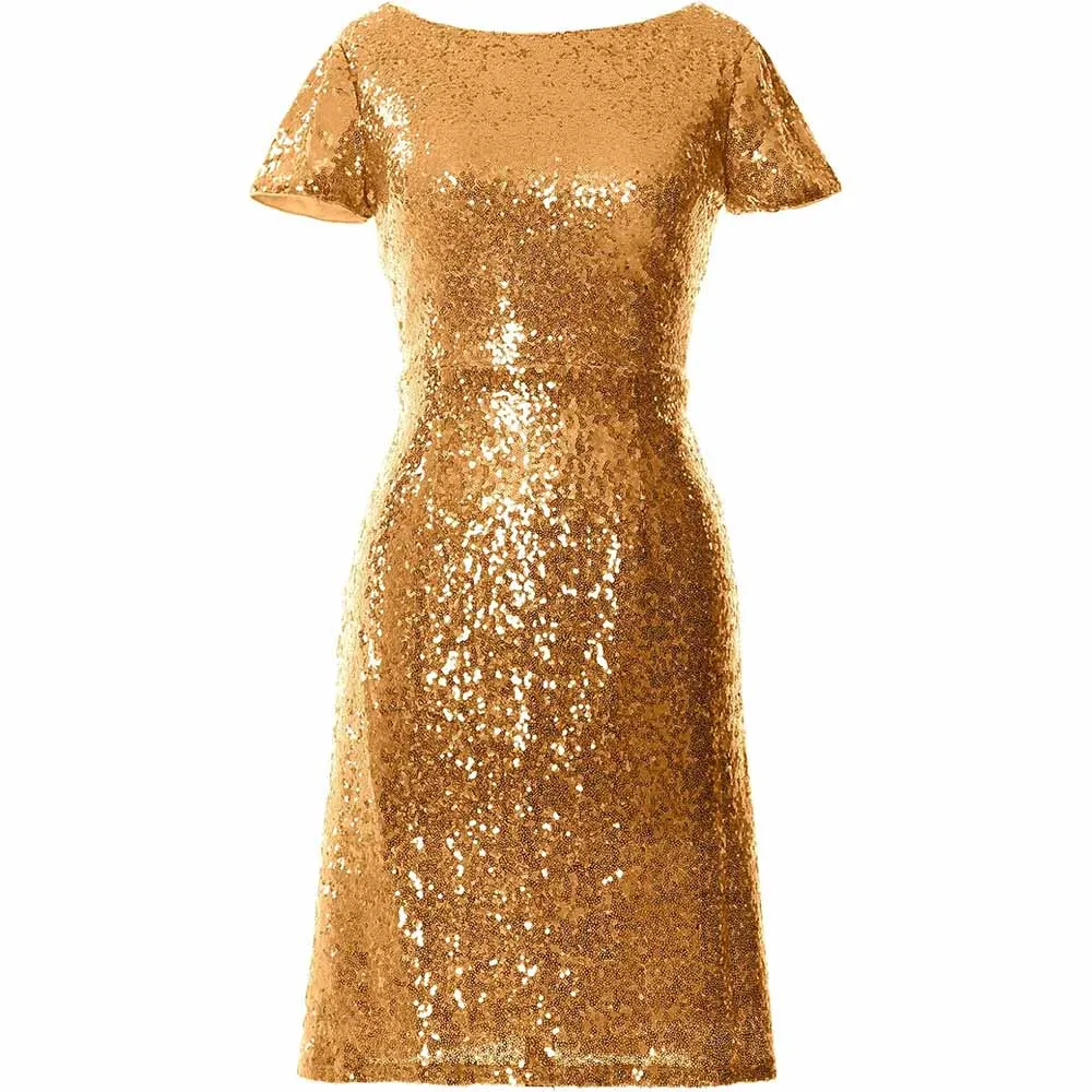 Women Cap Sleeve Sequin Cocktail Dress Boat Neck Short Bridesmad Dress