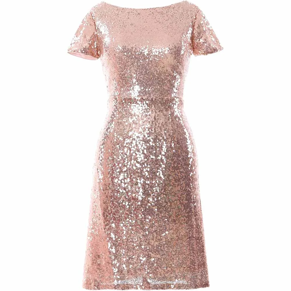 Women Cap Sleeve Sequin Cocktail Dress Boat Neck Short Bridesmad Dress