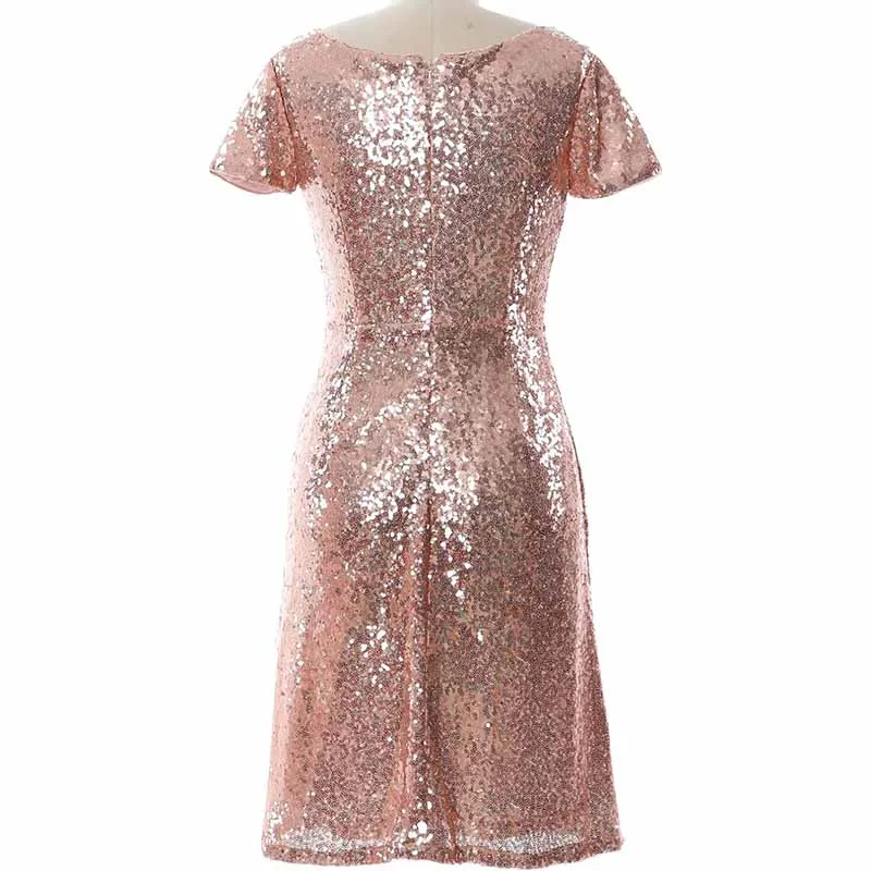 Women Cap Sleeve Sequin Cocktail Dress Boat Neck Short Bridesmad Dress