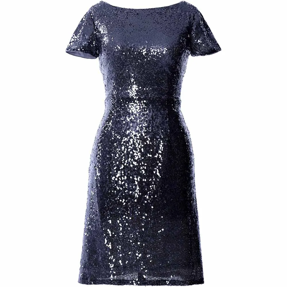 Women Cap Sleeve Sequin Cocktail Dress Boat Neck Short Bridesmad Dress