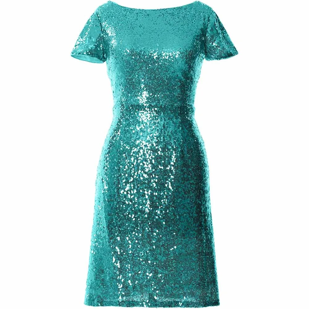 Women Cap Sleeve Sequin Cocktail Dress Boat Neck Short Bridesmad Dress