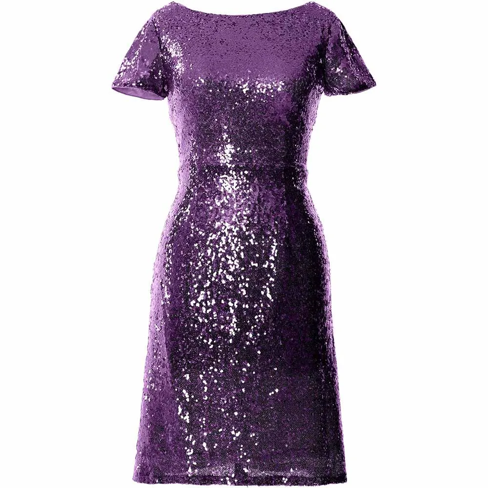 Women Cap Sleeve Sequin Cocktail Dress Boat Neck Short Bridesmad Dress