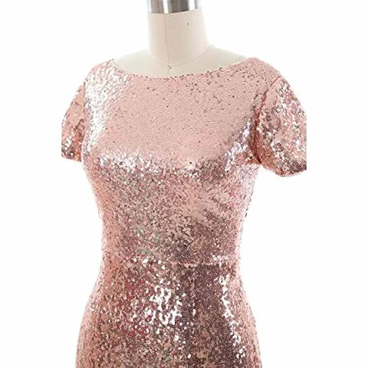 Women Cap Sleeve Sequin Cocktail Dress Boat Neck Short Bridesmad Dress