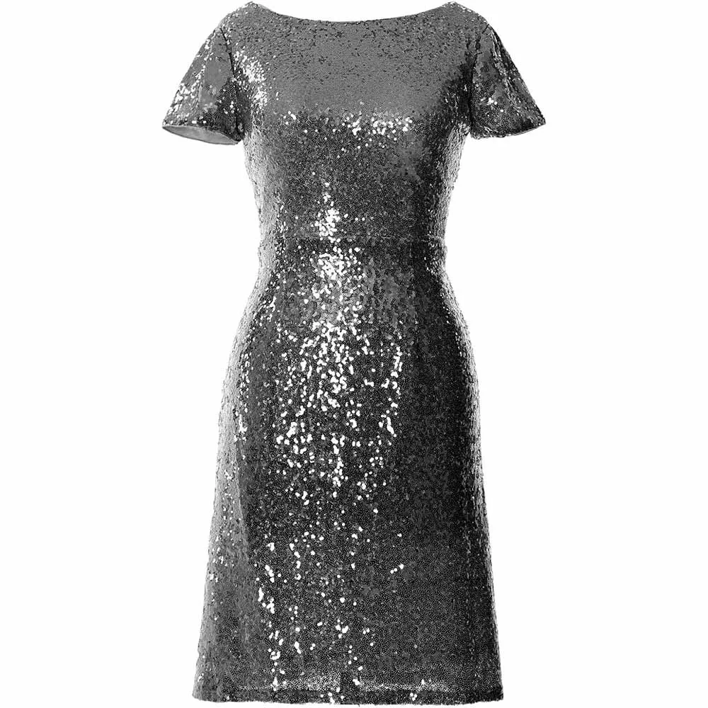 Women Cap Sleeve Sequin Cocktail Dress Boat Neck Short Bridesmad Dress