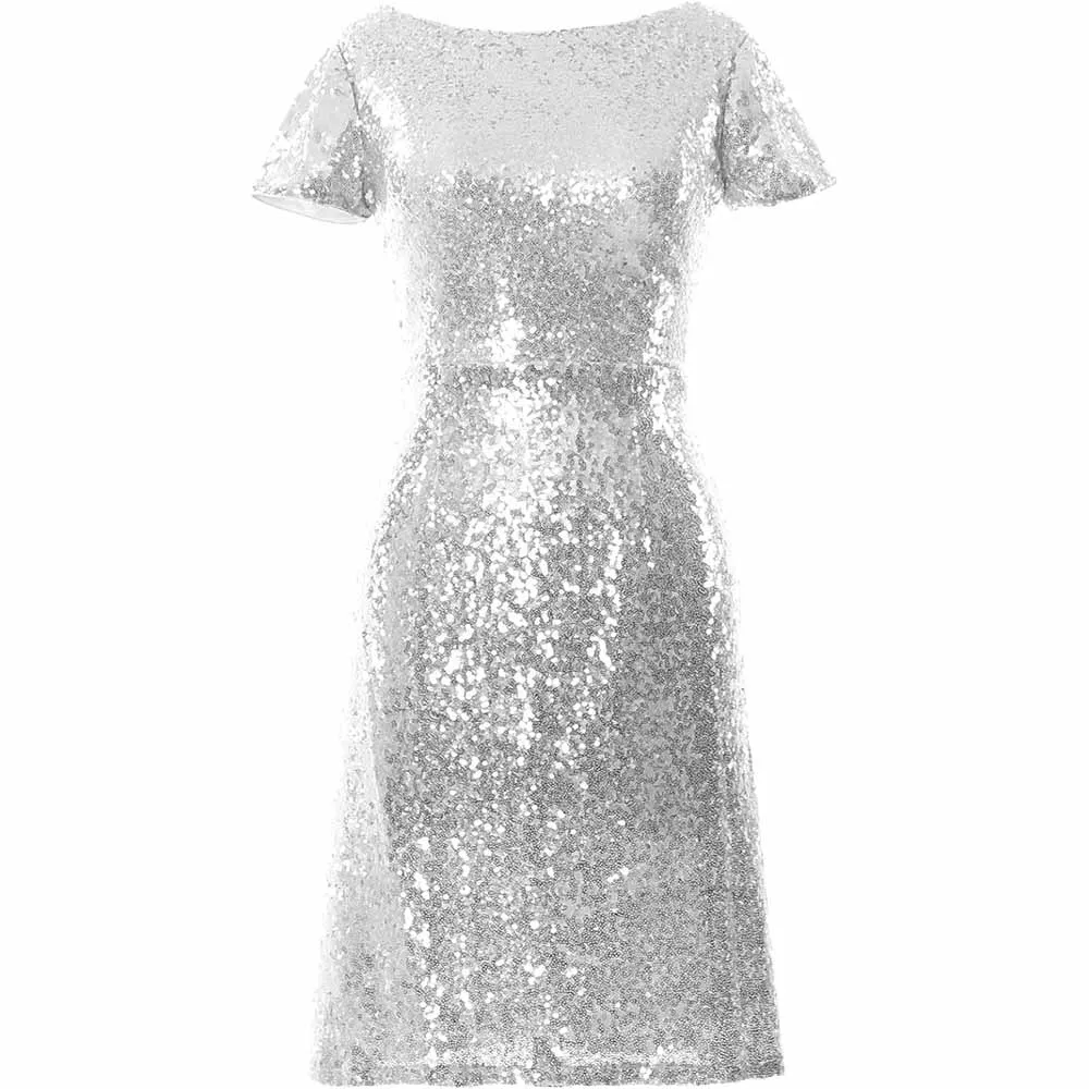 Women Cap Sleeve Sequin Cocktail Dress Boat Neck Short Bridesmad Dress