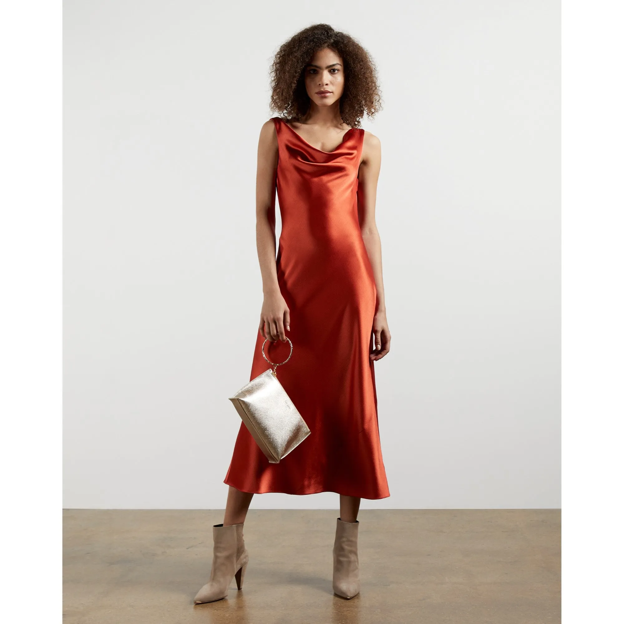 Women Kinseyy-Cowl Neck Midi Slip Dress - Bright-Orange