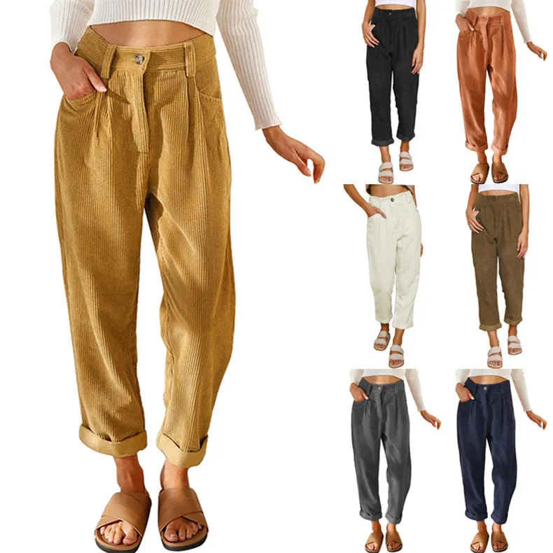 Women's Autumn High Waist Casual Solid Color Corduroy Pants