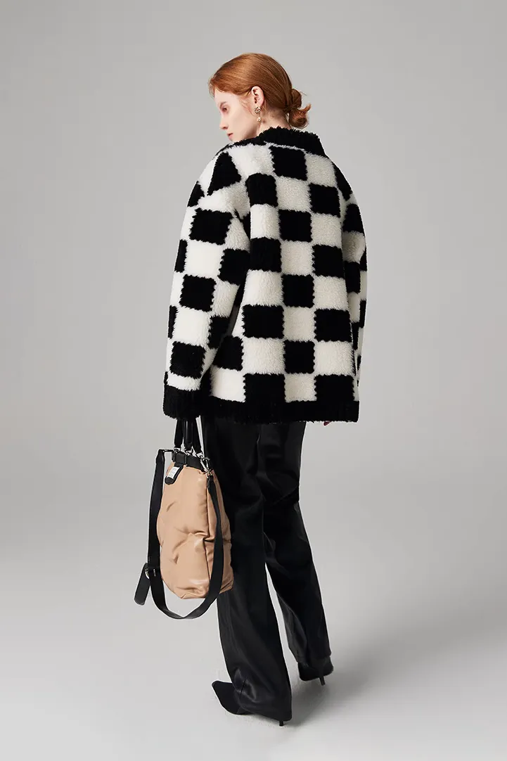 Women's Black and White Checkered Mid-length Shearling Coat