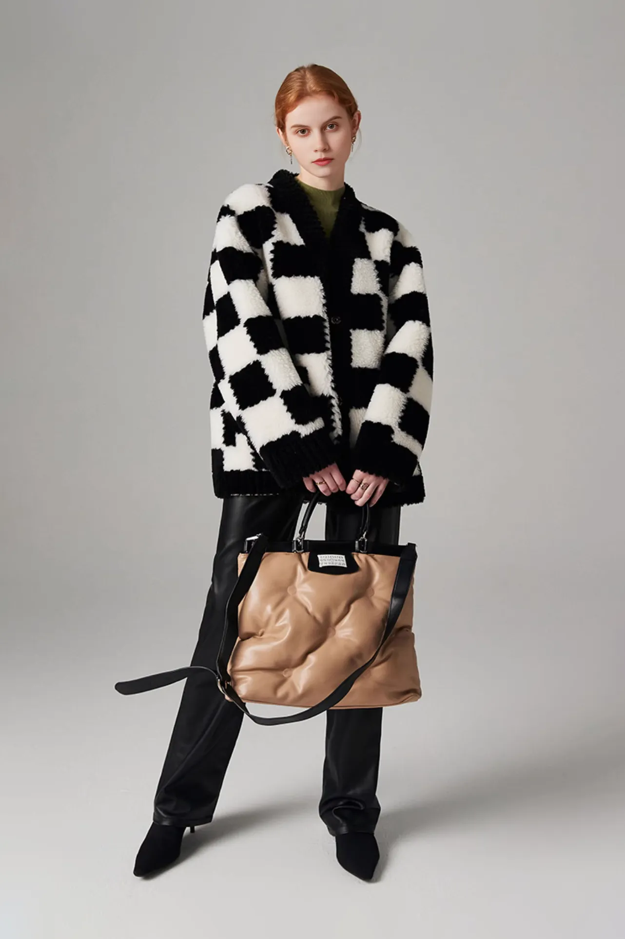 Women's Black and White Checkered Mid-length Shearling Coat