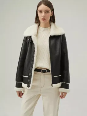 Women’s Black Leather White Shearling Collar Fur Jacket